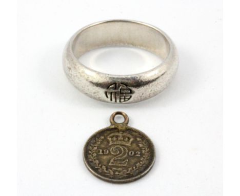 A 925 silver Chinese ring, (R.5), together with a maundy coin pendant.