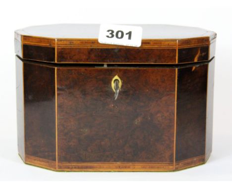 A Regency burr veneered tea caddy, W. 19cm, H. 12cm.
