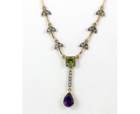 Suffragette interest. A 9ct yellow gold amethyst, peridot and diamond set necklace.