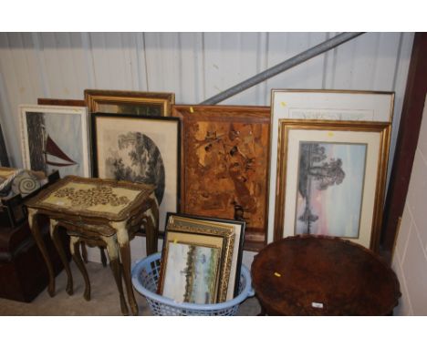 A large quantity of various pictures and prints; and an inlaid wooden panel 