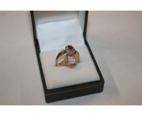 A 9ct gold cameo ring; and a 9ct gold diamond and ruby set ring 