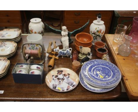Two Portmeirion table lamp bases; Royal Worcester ramekins; blue and white plates; various ornaments etc