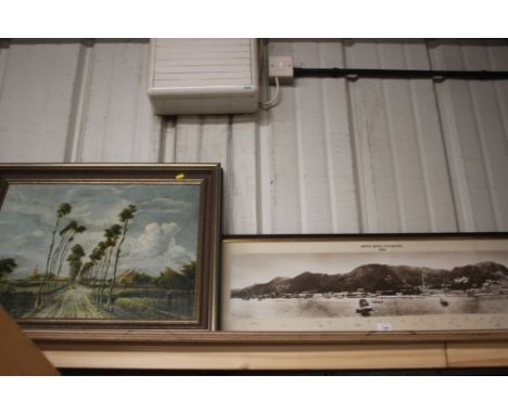 A framed and glazed photographic print "Hong Kong Panorama 1890"; together with an oleograph study of figures walking on a co