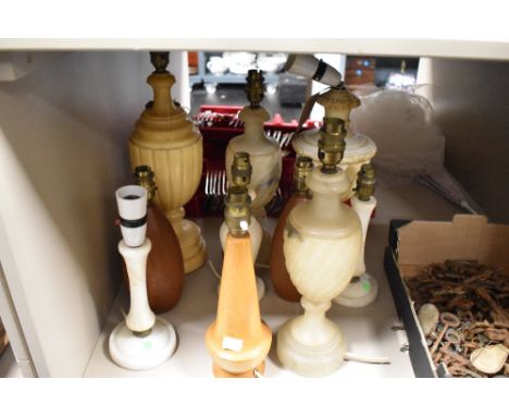 Ten traditional and vintage table lamp bases, including turned wood and Alabaster.