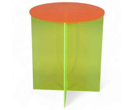 A 1970s orange and green acrylic side table, no maker's marks, height 60cm, diameter 51cmSome light surface scratching otherw