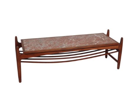 A mid-century teak coffee table teak with red marble top, height 44cm, length 126, width 43cmCross rails for shelf have been 