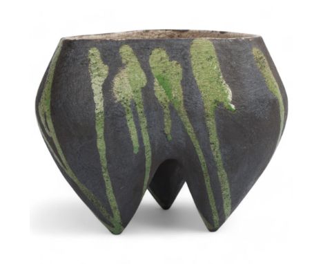 DEANA MOORE, British, hand-built coiled and slab tripod vessel, raku fired with green and white crackle glaze, impressed make