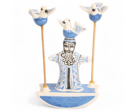 BERNARD MOSS, Mevagissey, Cornwall, a studio ceramic Rabbi with birds on rocking base, maker's mark to base, height 17cmGood 