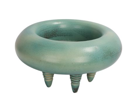 A studio ceramic stoneware pillow bowl on 5 turned legs, blue/green soda glaze,  no makers marks, diameter 31cm, height 16cmS