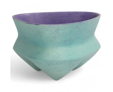 DEANA MOORE, British, hand-built coiled and slab tripod, green with blue burnished glaze, impressed maker's mark to base, dia