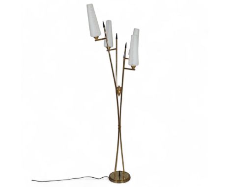 A 4-branch floor standing lamp with brass stem and etched conical shades, circa 1950s', no maker's marks, height 175cmSome pi