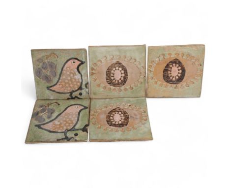 A set of mid 20th century handmade ceramic tiles with bird and seedpod decoration, no maker's mark, 17.5cm squareGood conditi