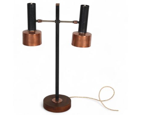 JOHN BROWN for Plus Lighting, a 1960s 2-branch table lamp with teak base, steel stem with copper shade and detailing, height 