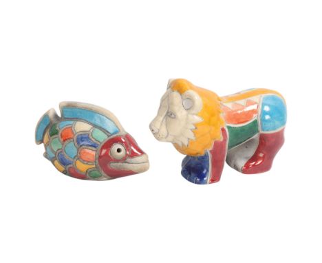 SHARON CHAMPION, France, 2 studio ceramic animals, lion & fish, with coloured glazes, both raku fired, maker's marks to basem