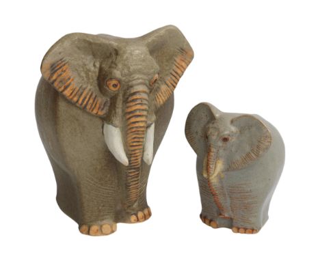BERNARD ROOKE, British, 2 1970's stoneware elephants, 1 with maker's label, tallest 20cmLargest elephant's tusk has small bre
