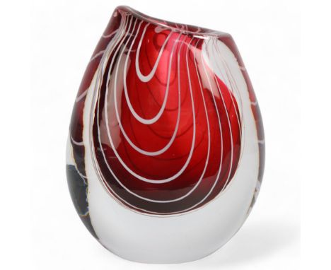 VICKE LINDSTRAND for Kosta, Sweden, a 1950’s Cranberry pink “Zebra” vase, signed on the base with three lined acid stamp, LIN