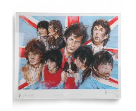 ROLLING STONES INTEREST - a lithograph print of The Rolling Stones, "Decades 60s Special Tramp Edition", with Ronnie Wood sta