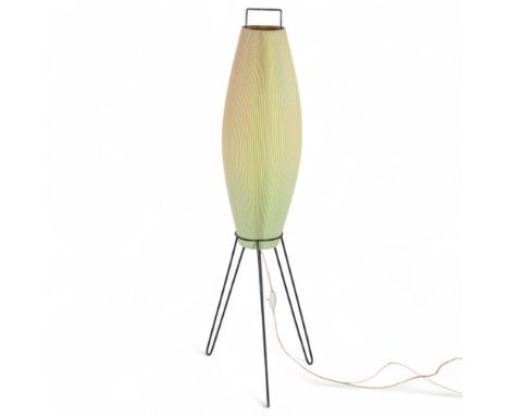 A 1960s/70s hairpin tripod rocket lamp with convex plastic shade, on steel frame, height 105cmShade is faded, surface dirt an