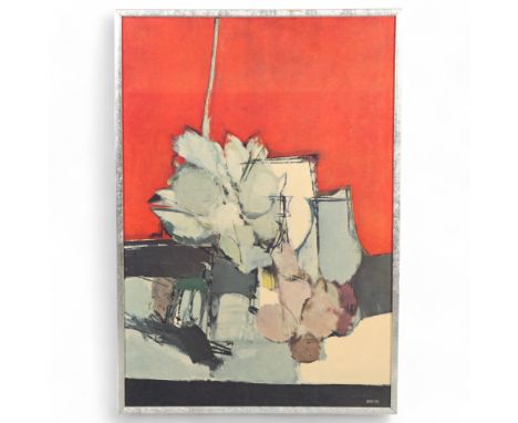 A mid-20th century print after BAZAS, abstract composition in red and grey, 76cm x 52cm, framedLight fading to top of print, 