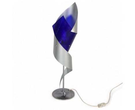 A post-modern table or floor lamp with curved aluminium and blue glass shade, circa 1980s, height 80cmGood condition, some li