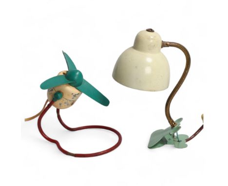 A 1940s/50s Wega desk fan, and an adjustable goose-neck clamp lampUntested, wear to paint surface and split to plastic tubing