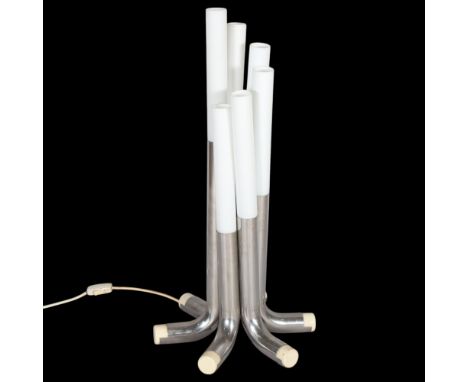 A mid-20th century floor standing 6-branch lamp, with tubular steel feet and white glass column shades, no maker's marks, hei