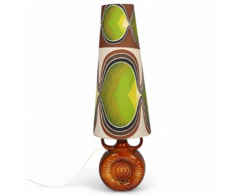 A 1970s ceramic floor standing lamp with op-art shade, overall height 122cmCeramic base is in good condition with no chips or