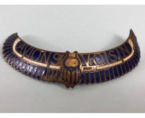 Avions Voisin,  pre 1930s Car Badge, Blue Enamel on brass radiator badge of a winged beetle with Avions Voisin across approxi