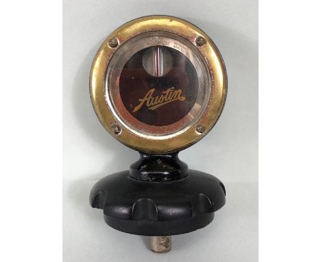Vintage car Austin Calometer, for a radiator , twin glass with brass frame mounted on a bakelite cap, glass thermometer insid