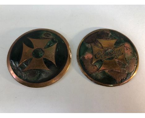 Crossley Motor Company, pre WW2 Enamel on copper radiator badges , one of a Maltese cross on a green background, the other of