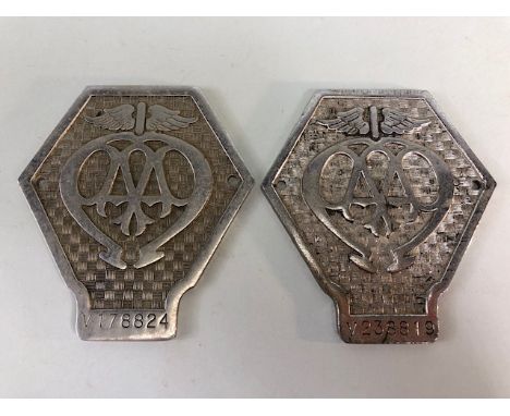 Vintage AA member ship plates for the commercial vehicle section registration numbers on bases, 2 items