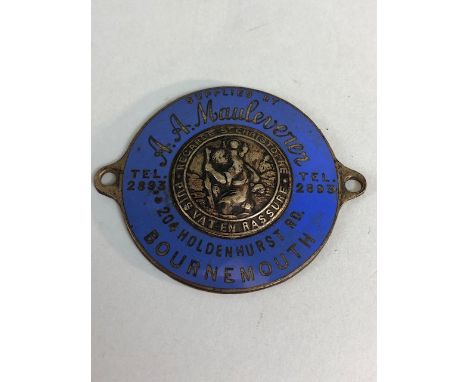 Enamel car dealership St Christopher plaque, blue enamel on brass, supplied by A  A Mauleverer, Tel, 2893, 204 Holdenhurst Rd