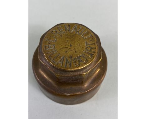 Vintage Car Motor Vehicle threaded brass hub cap relating to Renault Billancourt motors, approximately 6cm across