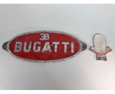 Vintage car items relating to Bugatti, an oval alloy plaque and an Alloy Bugatti owners Club bar badge, 2 items