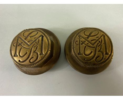Vintage Car Motor Vehicle threaded brass hub caps, a pair with the monogram MLB in script, each approximately 6.5cm across