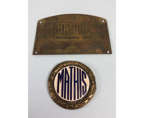 Vintage car badges  Mathis round enamel  grill badge approximately 55mm across  and a Mathis Strassburg brass cassis plate ap