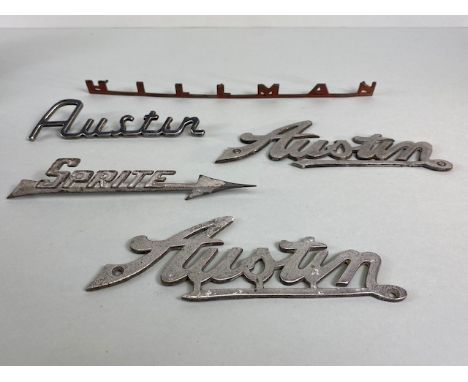 Collection of car name and model badges to include Austin, Sprite, Hillman, 5 items in total 