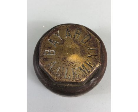 Vintage Car Motor Vehicle threaded brass hub cap relating to Bayard A Clement motors, brass,  approximately 75mm across