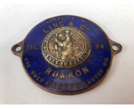 Enamel car dealership St Christopher plaque, blue enamel on copper, Supplied by Ling & Co, Ruabon, Tel 38, Use only Castrol m