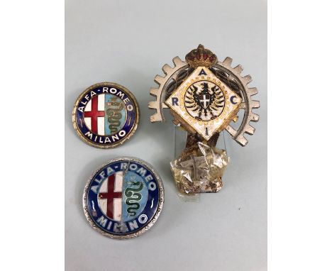 Italian Alfa Romeo bonnet badge enamel on brass, Alfa Romeo Milan, Plastic badge of the same design and a damaged RACI bar ba