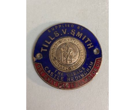 Vintage car dealer ship St Christopher enamel badge for Tills v Smith Castle Hedingham, approximately 5 cm across marked j Ga