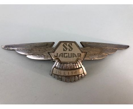 Jaguar SS bonnet badge 1 1/2 Litre, spread wings with enamel center stating SS Jaguar, 3 part construction, approximately 205