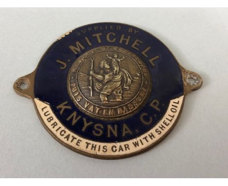 Vintage car dealer ship  St Christopher enamel badge for J .Mitchell Knysna C.P approximately 5 cm across marked j Gaunt to r