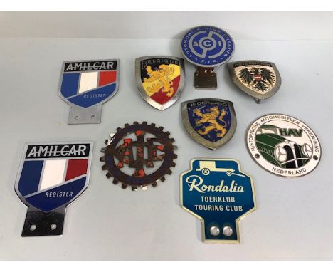 Vintage continental motoring car bar badges 9 in total to include  Amilcar register shields x2, Rondalia  touring club, Autom