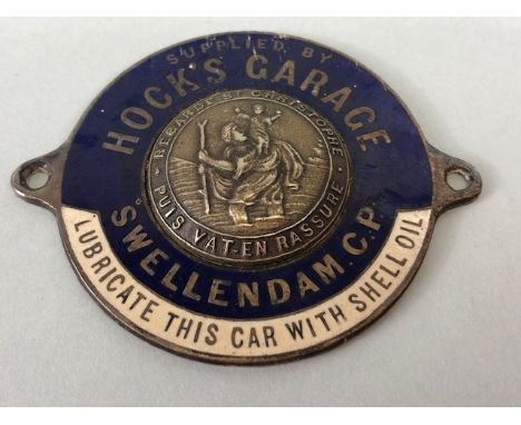Vintage car dealership  St Christopher enamel badge for Hocks Garage Swellendam C.P approximately 5 cm across marked j Gaunt 