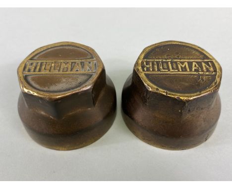 Vintage Car Motor Vehicle threaded brass hub caps relating to Hillman motors, brass, each  approximately 7cm across