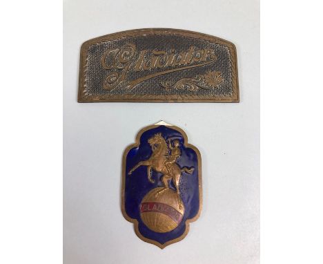 Vintage Car Badges Gladiator enamel Grill badge approximately 55mm across and a brass Gladiator plaque 115mm across