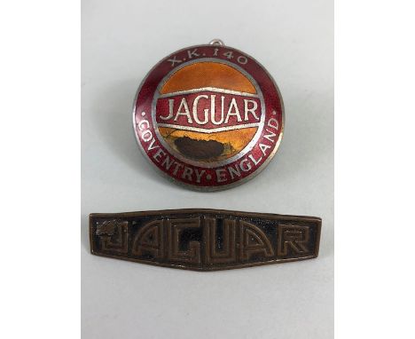 Jaguar X.K 140 enamel bonnet badge and a small lozenge Jaguar name plate 2 items