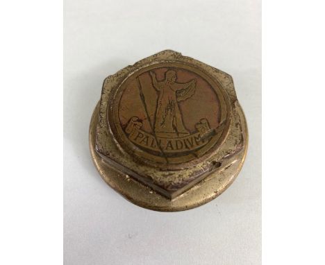 Vintage Car Motor Vehicle threaded hub cap  with design of a classical warrior on a copper plaque  and the moto Palladium,  a