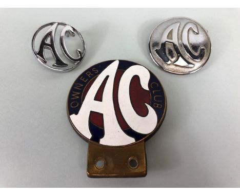 A C motors , Vintage Owners Club enamel bar badge and 2 AC bonnet or boot badges  the larger stamped with maker to reverse, (